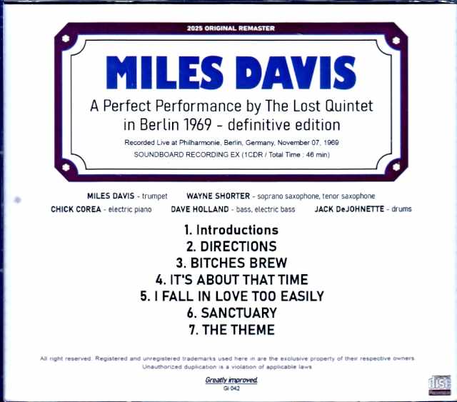 Miles Davis, Wayne Shorter, Chick Corea Miles Davis, Wayne Shorter, Chick Corea/Germany 1969 Remastered