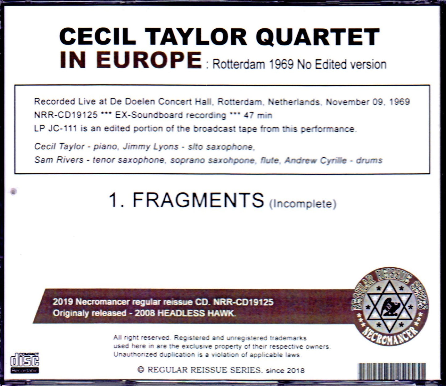 Cecil Taylor Quartet/Netherlands 1969 LP Unedited