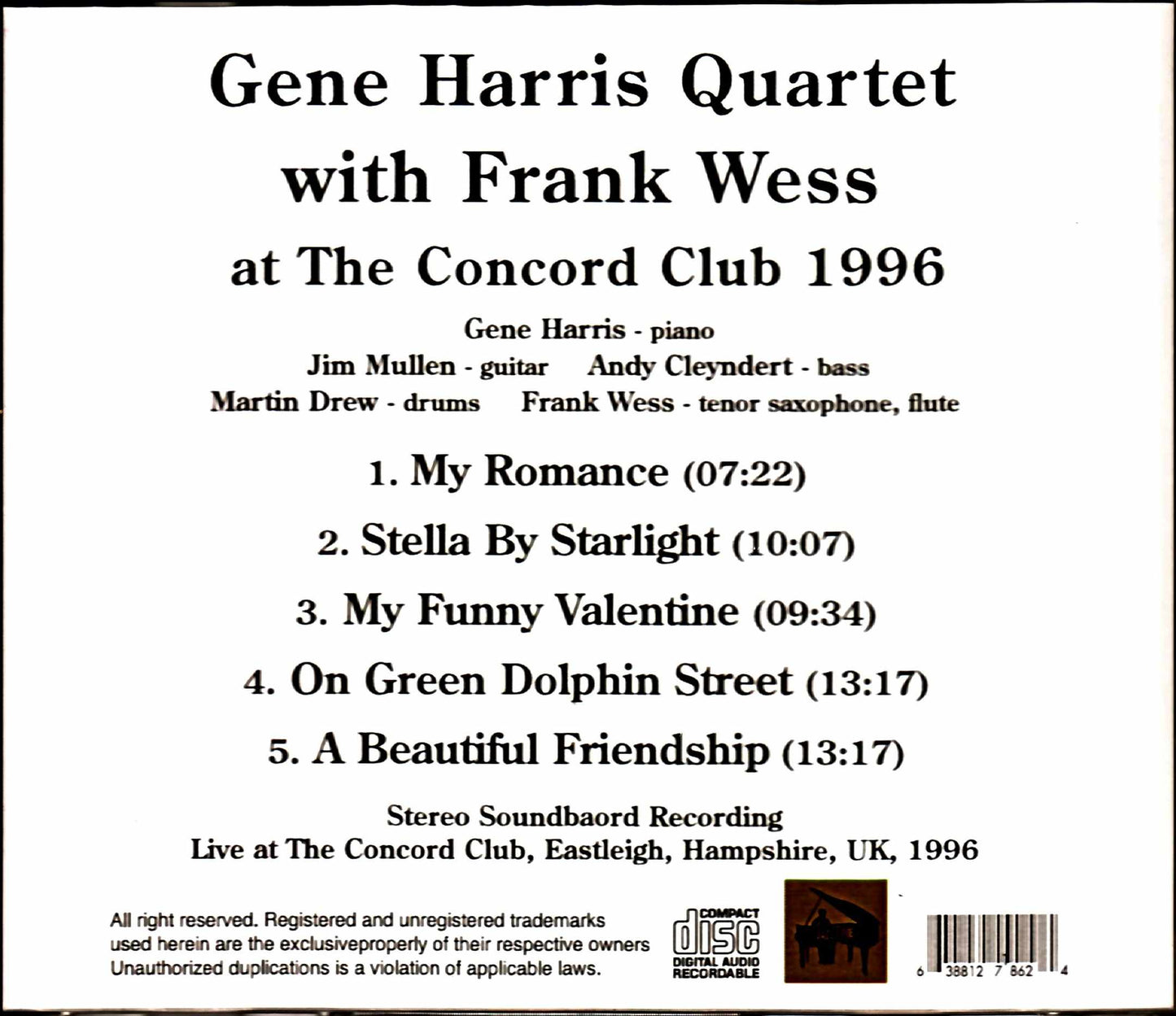 Gene Harris Quartet Frank Wess Gene Harris Frank Wess/England,UK 1996