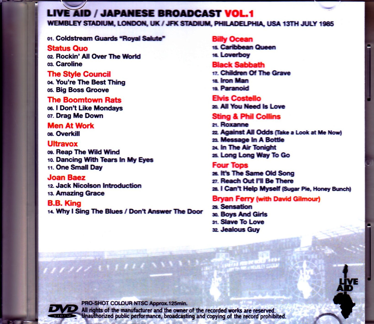 Varuous Artists Sting,Phil Collins,Bryan Ferry,David Gilmour,Status Quo/PA,USA 1985 Japanese Broadcast Ver. Vol.1