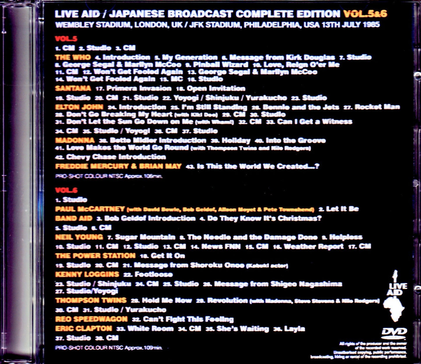 Various Artists Paul McCartney,Elton John,Madonna,Eric Clapton,Santana/London,UK & PA,USA 1985 Japanese Broadcast Complete Vol.5 & 6