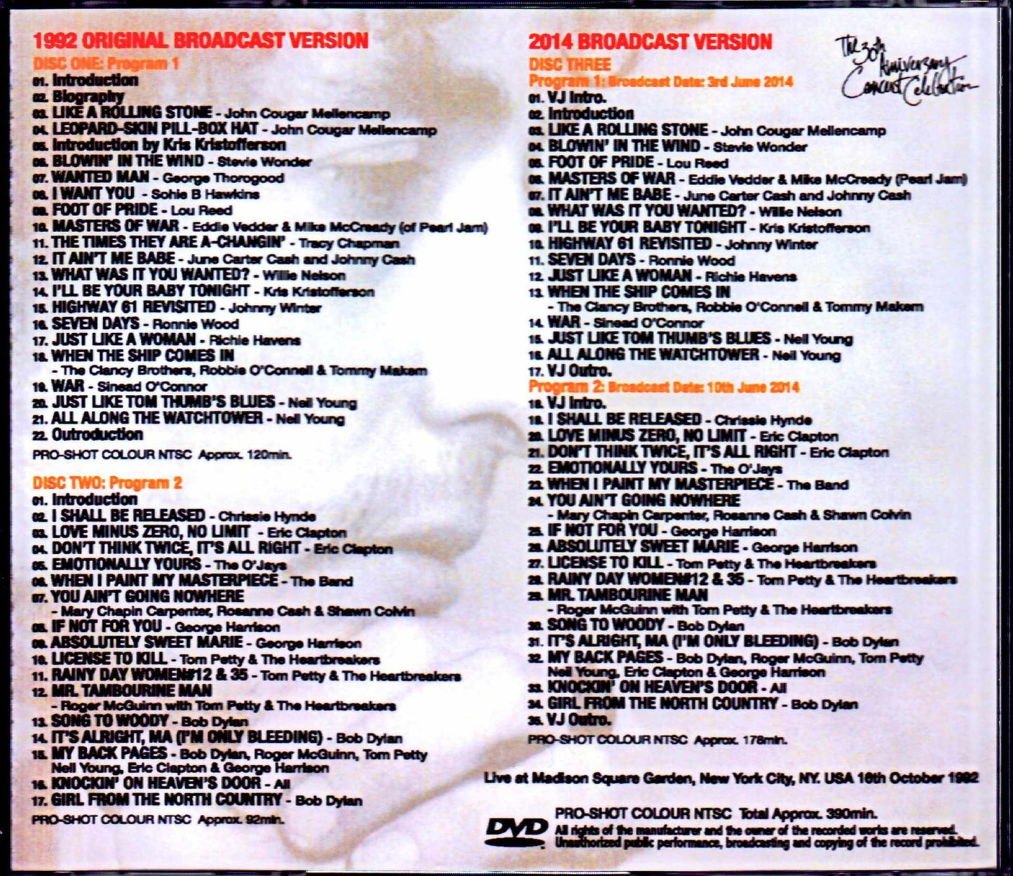 Various Artists Bob Dylan,Eric Clapton,Sheryl Crow,Lou Reed,Stevie Wonder/NY,USA 1992 Japanese Broadcast 2Source Version