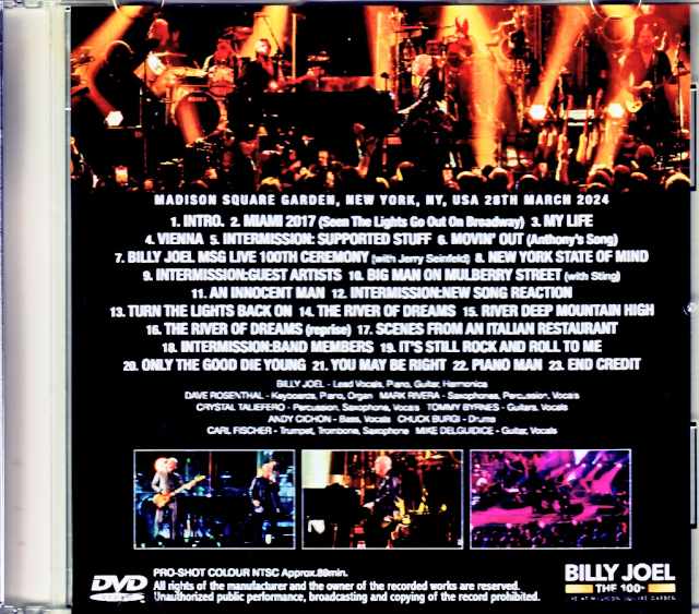 Billy Joel / NY, USA 3.28.2024 Complete Pro-Shot Edition Jewel Version