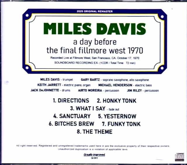 Miles Davis Keith Jarrett Miles Davis Keith Jarrett/CA,USA 10.17.1970 Remastered