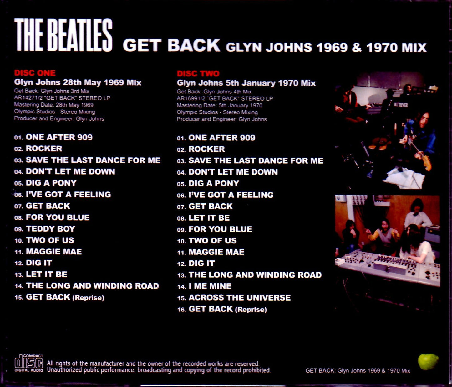 Beatles/Get Back Glyn Johns 28th May 1969 Mix & 5th January 1970 Mix