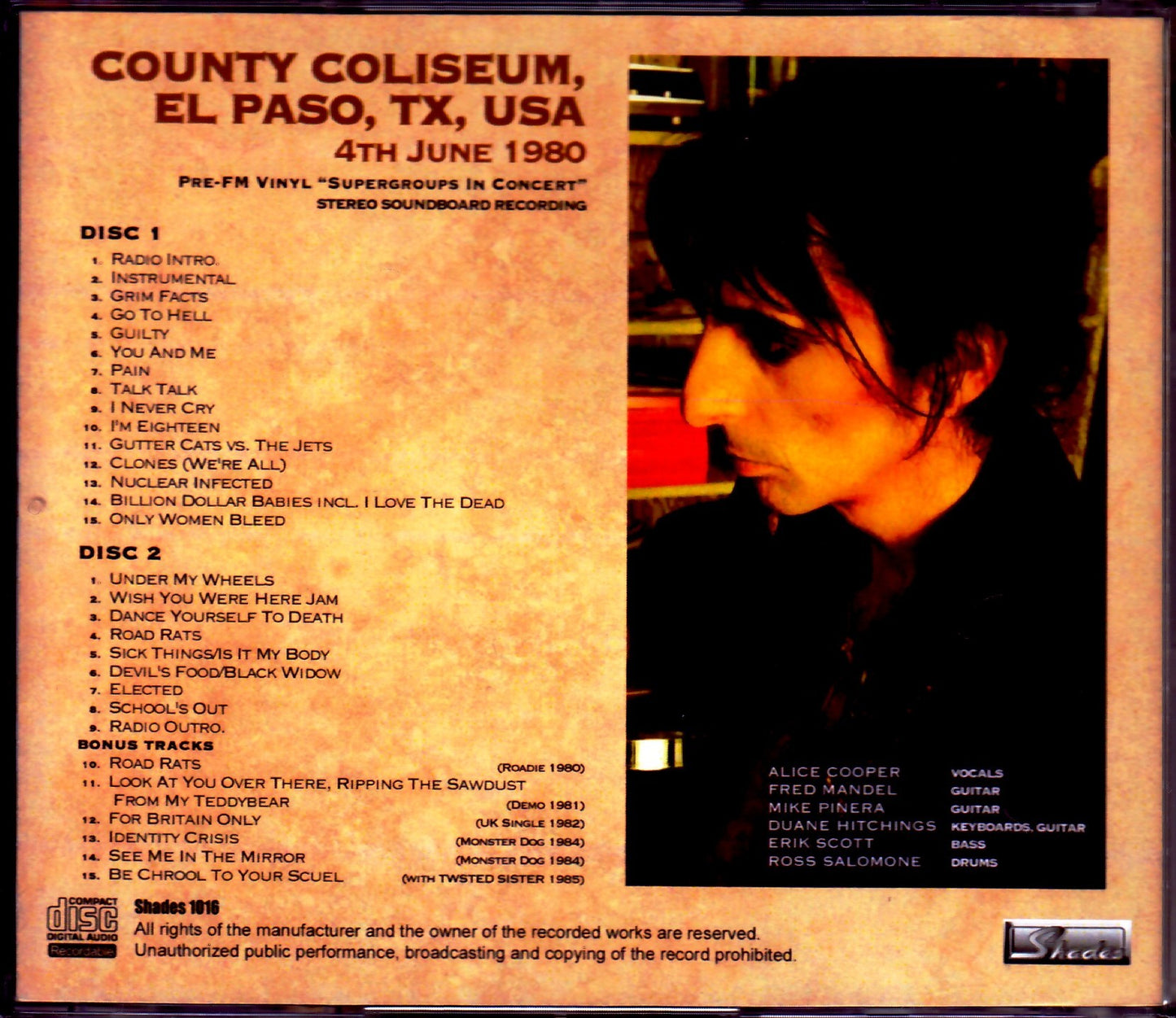 Alice Cooper/TX,USA 1980 Pre-Broadcast Master