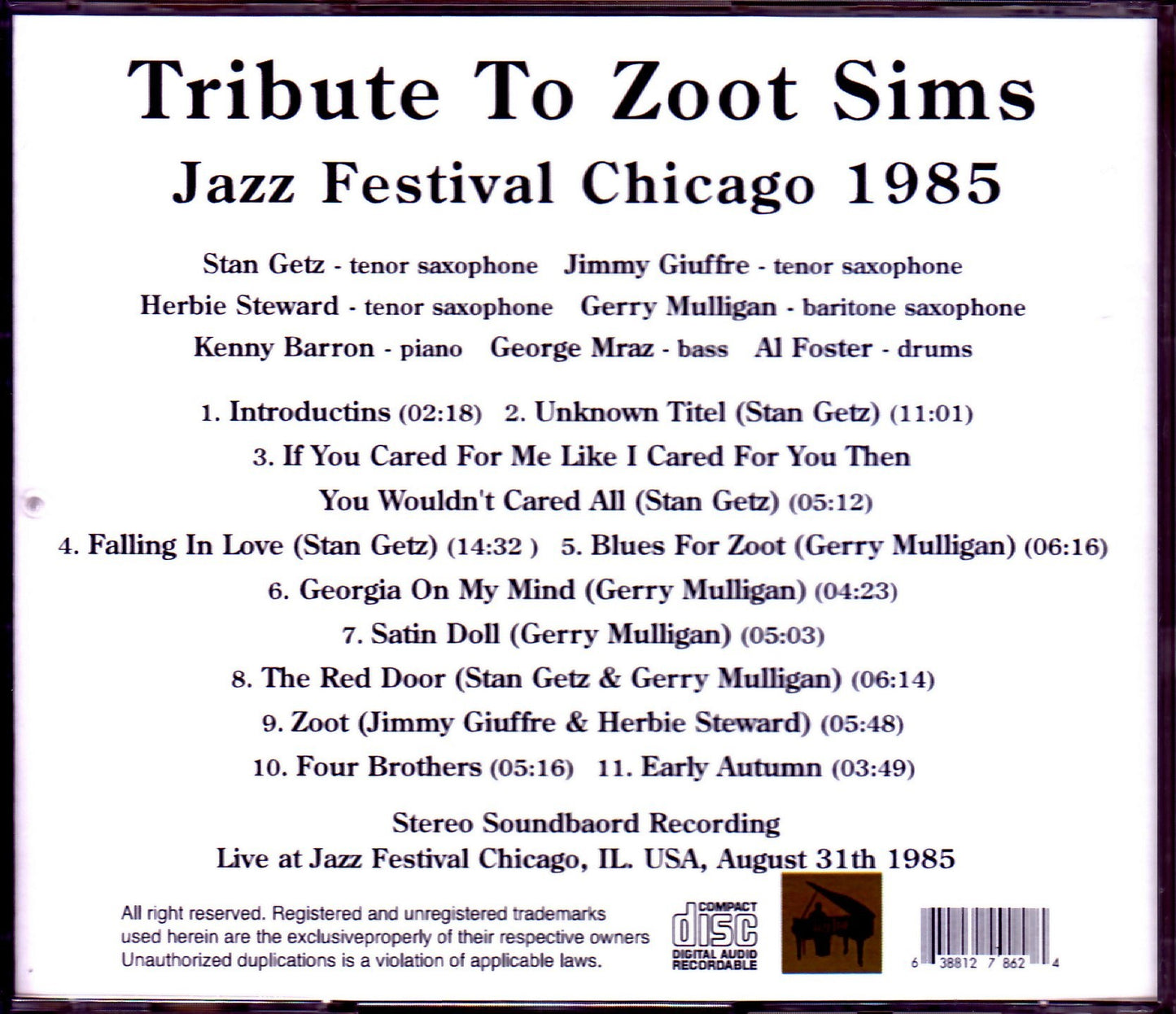Various Artists Stan Getz,Gerry Mulligan,Kenny Barron/IL,USA 1985