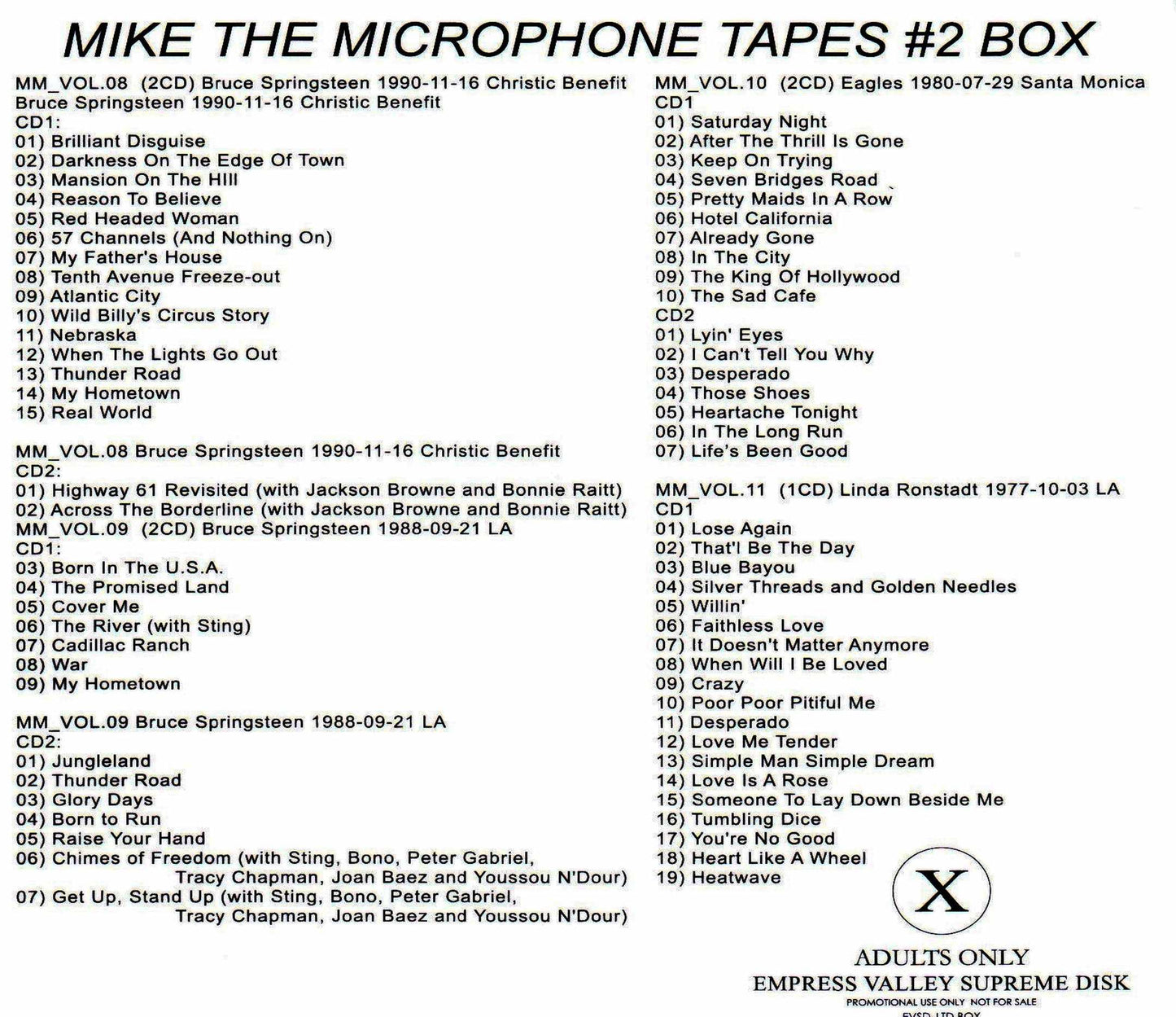 Bob Dylan, Bruce Springsteen, Eagles, Linda Ronstadt, Jethro Tull Faces, Peter Gabriel, Jackson Browne/Mike Millard Recording History Vol.2