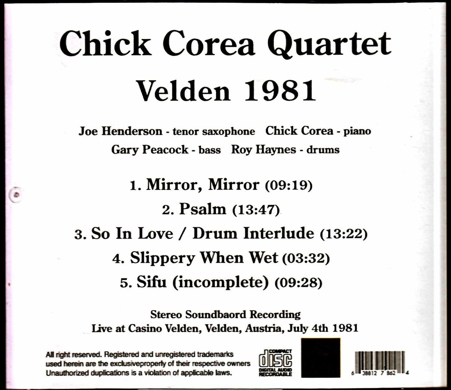 Chick Corea Quartet Joe Henderson,Gary Peacock/Austria 1981