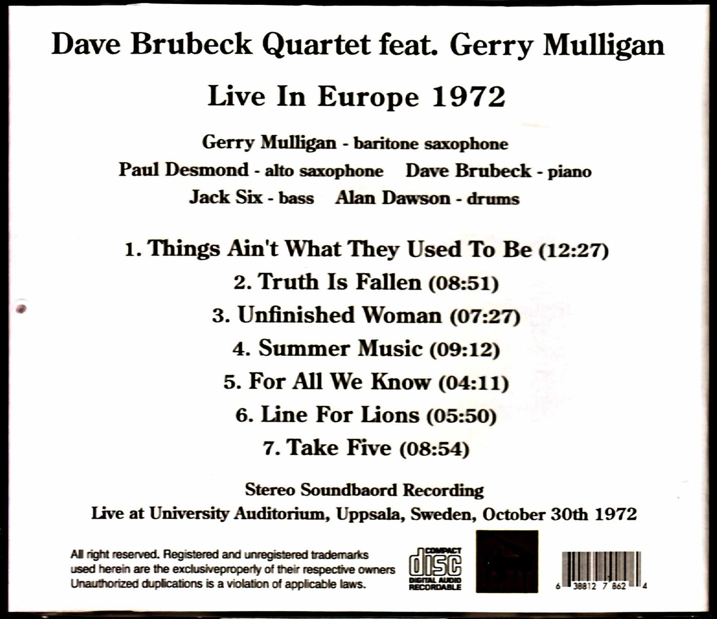 Dave Brubeck Quartet Gerry Mulligan/Sweden 1972