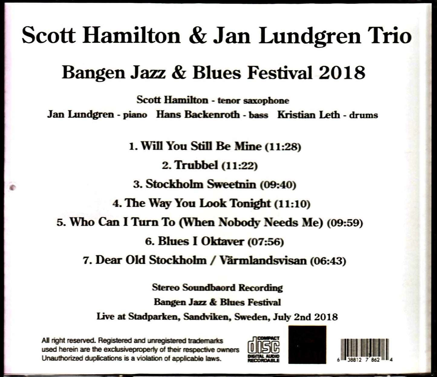 Scott Hamilton Jan Lundgren Trio/Sweden 2018 Complete