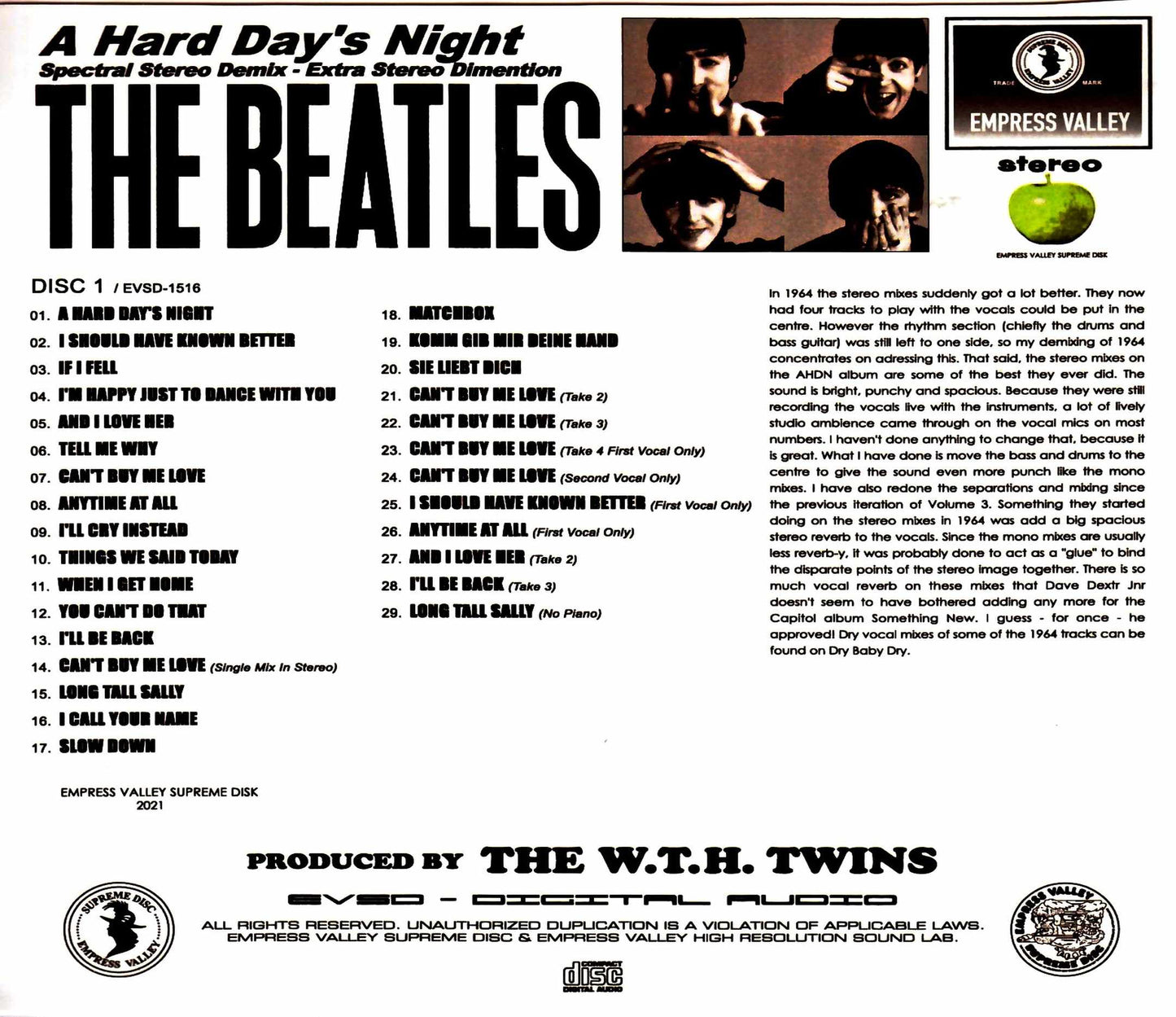 Beatles A Hard Day's Night Spectral Stereo Demix - Final Technical Specifications