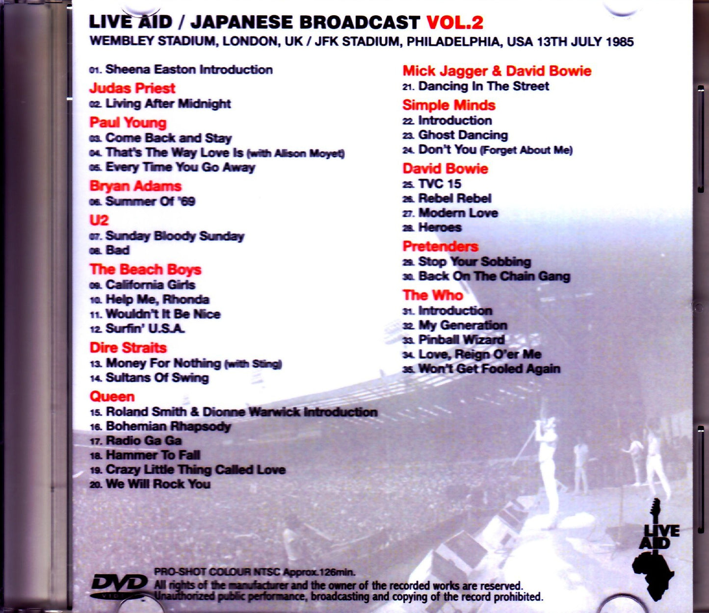 Various Artists Paul Young,Bryan Adams,U2,David Bowie,Queen,The Who/PA,USA 1985 Japanese Broadcast Ver. Vol.2